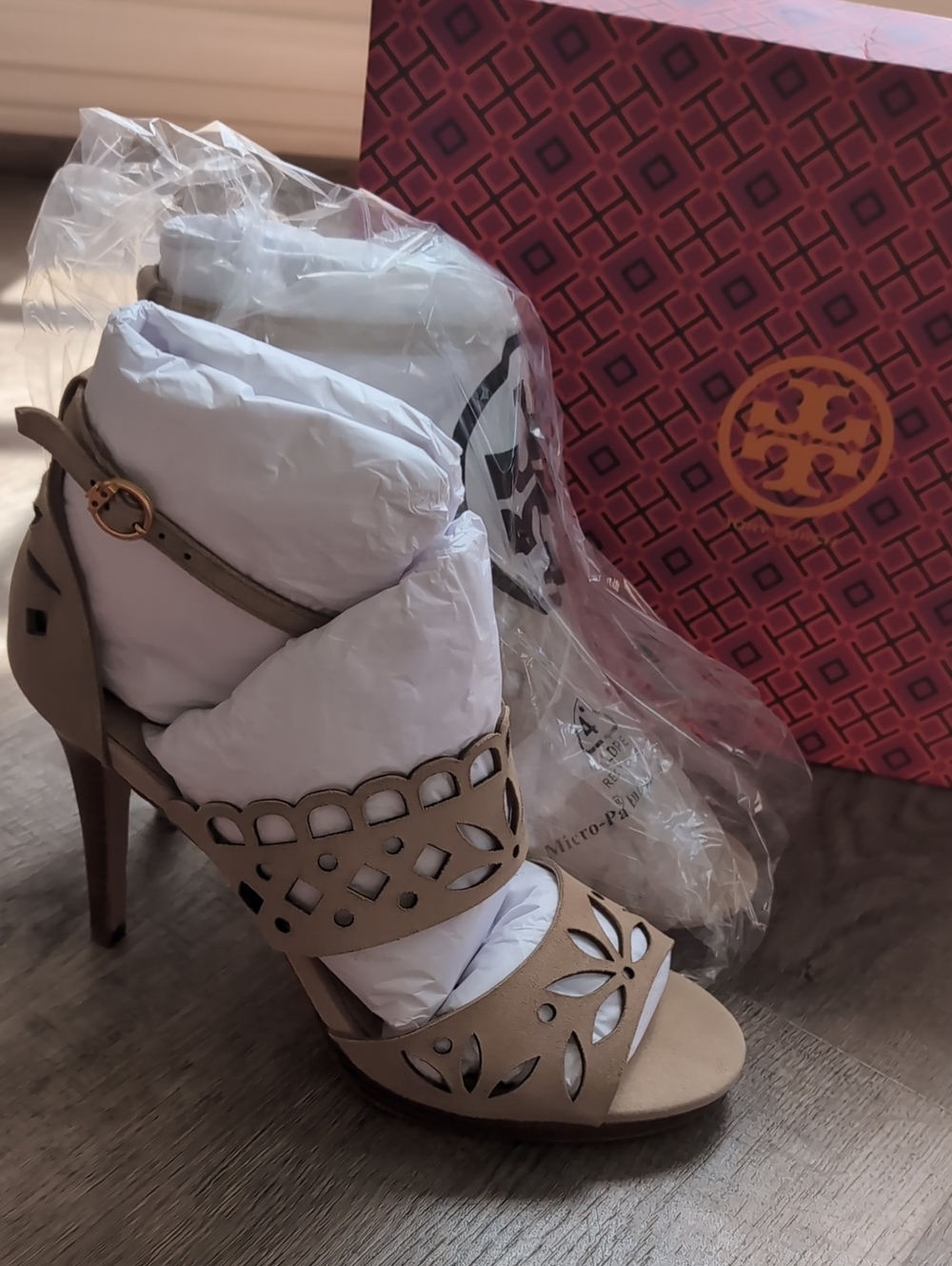 Tory Burch Taupe Laser-Cut High Heel Sandals